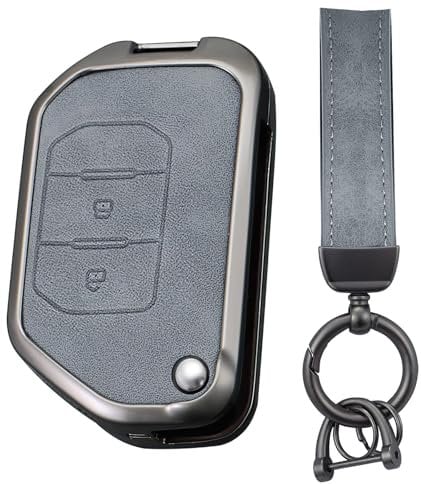 TECART Car Key Case Cover Protective Case Fits Jeep Wrangler JL TJ Sahara JLU Rubicon Grand Cherokee JT Gladiator Leather Key Case Key Protection Case Covers 2 Button C Grey