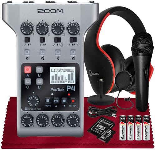Zoom PodTrak P4 Tragbarer Multitrack-Podcast-Recorder, Audio-Schnittstelle mit 4 Mikrofoneingängen, 4 Kopfhörerausgängen + Handmikrofon, Kopfhörer mit integriertem Mikrofon, 64 GB SD,