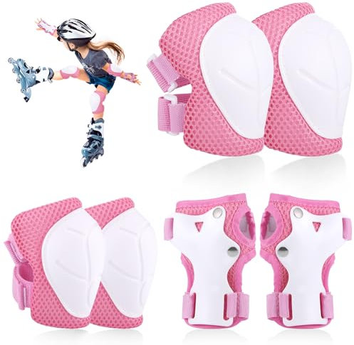 Hejo Ginocchiere Pattini Bambinia Skateboard a Rotelle, Protezioni Set per Bambini, Ginocchiere e Gomitiere Bambino, Ginocchia e Polsi, Comode e Facili da Installare, Protezioni per Skateboard (Rosa)