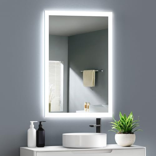 GIMBELEN BadSpiegel mit Beleuchtung, 45x60cm Badezimmerspiegel mit Beleuchtung, Antibeschlag, Kaltweiß, Warmweiß, Explosionssicheres Glas, LED Spiegel Bad mit Tastenschalter, Bad Spiegel mit Licht