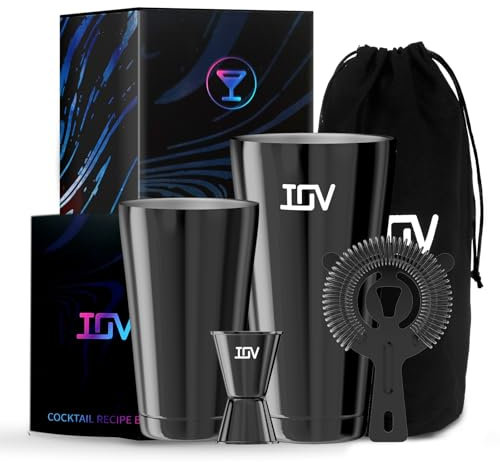 IOV Boston - Set shaker per cocktail, set da barista con shaker Boston da 510,3 g e 793,8 g, colino Hawthorne, doppio misurino, kit di attrezzi da bar e libretto di ricette, nero