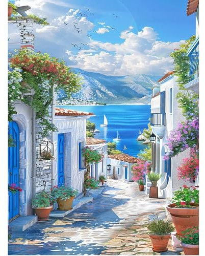 SHEGZHUC 40 x 50 cm Pierres carrées Peinture diamant Maison au bord de la mer Santorin Mer Égée Diamond Painting Paysage Montagnes Mosaïque Diamant Peinture Art Broderie Point de Croix Images Cadeau