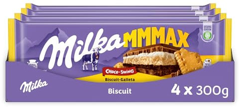 MILKA - 4 Tablettes de Chocolat au Lait Milka MMMAX Choco-Swing 300g - Chocolat au Tendre Lait du Pays Alpin - Lot de Tablettes de Chocolat Milka et Biscuit - Lot de 4x300g