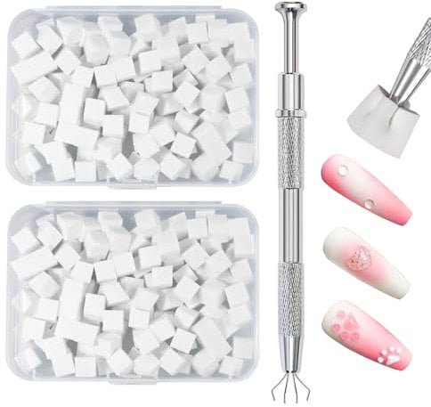 Qufiiry 200 PCS Nail Sponges for Ombré, Nail Art Tools Sponge Brush, Nail Art Sponge with 1 Metal Grabber Nail Brushes Storage and Box for Nail Art Design Manicure Diy