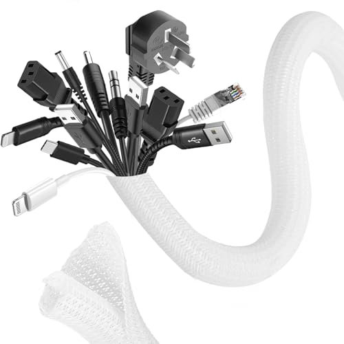 Romon 6m Guaina Cavi Intrecciata, 16-25 mm Flessibile Self-closing Raccogli Cavis, Tagliabile Nascondi Cable Management, Espandibile Copri Cables Elettrici per TV Computer Ufficio Casa Auto- Bianco