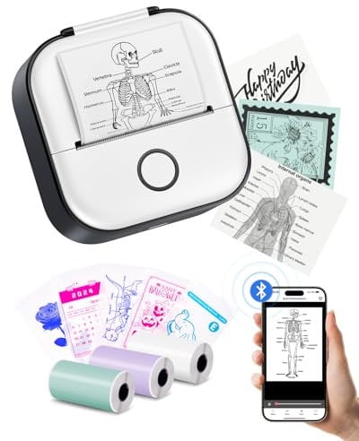 Print Pods Mini Drucker - Aufkleber Drucker T02 Tragbarer Thermodrucker Tintenloser Aufkleber Maker Maschine Bluetooth Taschendrucker Telefondrucker für Studiengrafiken, Anatomische Diagramme, Fotos