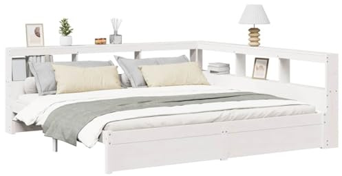 vidaXL Massivholzbett mit Regal ohne Matratze Weiß 200x200 cm Kiefer, Holzbett mit Regal, Massivholzbett mit Regal, Bett, Holzbett mit Bücherregal