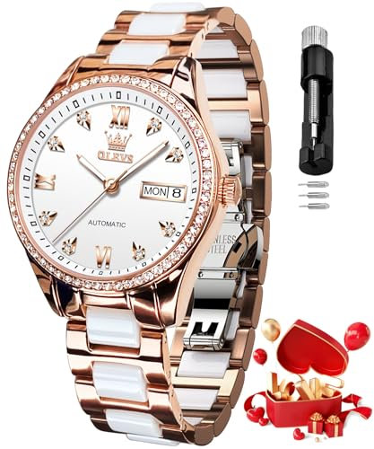 OLEVS Automatikuhr für Damen, selbstaufziehend, Diamant-Armbanduhr, luxuriöses Kleid, Roségold, Keramikuhr für Frauen, Liebe, Herz, Datum, 6637: Weiß, Armband