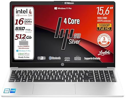 HP 250 G10 Notebook portatile Silver, RAM 16GB, SSD 512GB, Display FullHD 15.6, cpu Intel N100 4Core fino a 3,4 GHz, tastiera retroilluminata, Win 11 Pro, 3 anni di garanzia, pronto All'uso, Italia