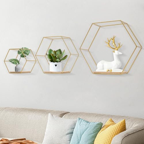 LIAIZE 3er-Set Hexagon Wandregal Hängeregal, Metall und Holz Sechseckige Wandregale, Dekorative Hängeregale Loft-Regal Wand Wandaufbewahrung Organizer (Gold)