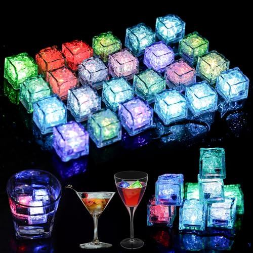 24 Stück LED Eiswürfel: Wiederverwendbar Flash LED Ice Cube, Leuchtende Eiswürfel mit Led Licht, Blinkende Eiswürfel mit Licht, Bunte Eiswürfel Leuchtend für Hochzeit, Party, Bar und Club
