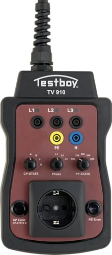 Testboy TV 910 Prüfadapter für Ladestationen, EVSE-Adapter (für Wallboxen mit und ohne Kabel, LED-Anzeige und Schuko-Steckdose, CAT III 400V, Elektriker Werkzeug inkl. Tasche)