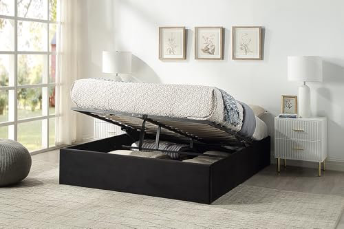 Home Treats Ottoman Bed Frame | Double Platform Bed | Black Velvet Storage Bed (No Mattress, Double)
