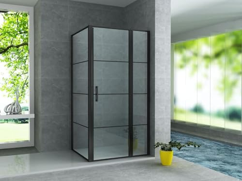 Belvit Cabine de douche avec porte battante + élément fixe + paroi latérale noir mat 90 x 140 x 200 cm, cabine de douche d'angle, cabine de douche d'angle, paroi de douche d'angle, paroi de douche en