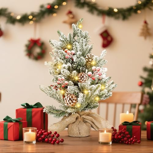Aigostar Albero di Natale con Luci Incorporate 50cm, Albero Decorato Piccolo Innevato, Pigne e Bacche Rosse, Perfetto per Soggiorno, Camera da Letto o Cameretta