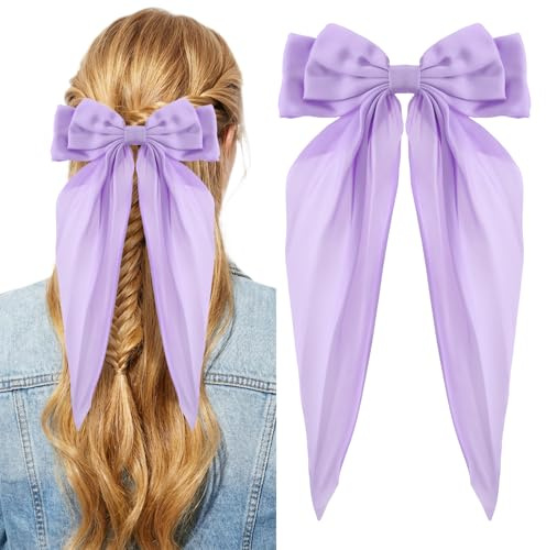 Purple Bow Hair Clip,Soft Satin Silky Hair Bow Large Bowknot Hairs Clip | Long Tail Bow Hairs Clips for Girl Simple Solid Color French Barrette Purple Butterfly Hair Accessories for Women