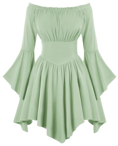 SCARLET DARKNESS Women Summer Mini Dresses Off Shoulder Long Sleeve Irregular Hem Medieval Renaissance Dress for Beach Party Light Green L
