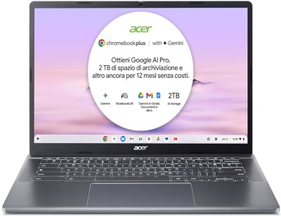 Acer Chromebook Plus 514 CB514-3H-R6T9 Laptop con IA Google | AMD Ryzen 5 7520C, 8 GB DDR5, 256 GB PCIe SSD, Display 14 WUXGA IPS, Radeon Graphics