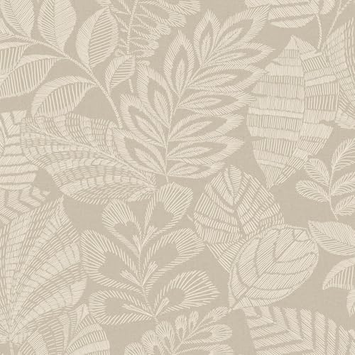 Grandeco Madou Leaf-Tapete neutral A86401 – genähte Optik mit Blumenspur – erhöhtes strukturiertes geblasenes Vinyl-Vlies, Wand einkleistern, extra waschbar, 10,05 m x 53 cm