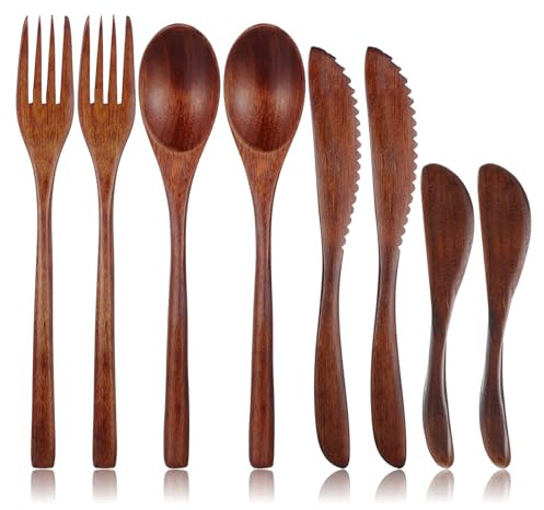 HJZHII 8PCS Wooden Utensils for Eating, Nanmu Wooden Spoons Forks Scraper Butter Spreader Reusable Wood Utensil Set Flatware Tableware Cutlery Set for Home Travel Camping