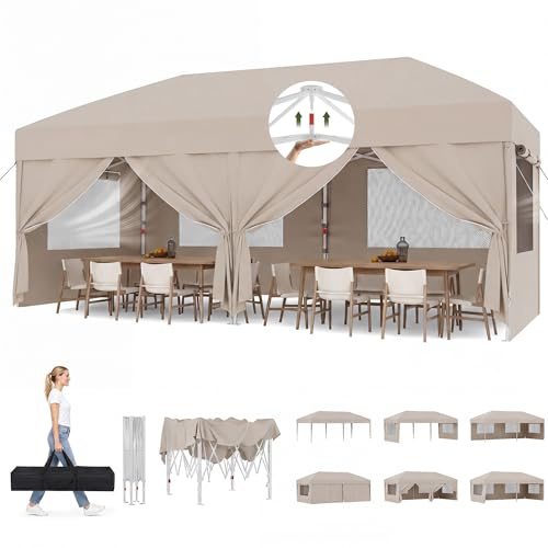 JUMMICO Pop Up Faltpavillon, 3 x 6 m Pavillon mit Netzfenstern zur Belüftung, UV-Schutz 50+, mit 4 Seitenwänden, wasserdicht stabil Winterfest,Faltbar Partyzelt Gartenzelt Gartenpavillon, Beige