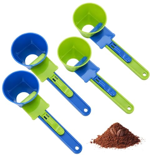 Protein Powder Scoop, 4-Piece Set with Funnel Design in Blue and Green, Measuring Scoop for Protein Shakes and Coffee Grounds, Spill-Free Powder Dispenser for Kitchen and Gym Use, Compact Storage Solu