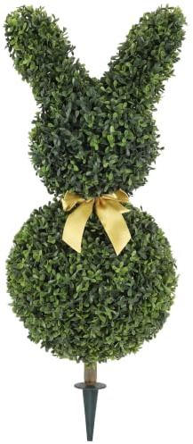 HOMCOM Künstliche Buchsbaum 83 cm Hoch, Kunstpflanze mit Hasendesign | Bodenpfähle Künstliche Pflanze, Formschnitt Dekopflanze, für Wohnzimmer Schlafzimmer Büro Deko Garten, Geschenk Ostern
