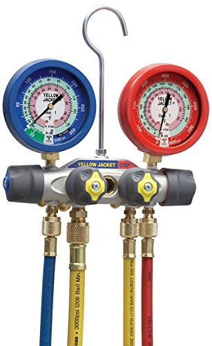 Yellow Jacket 49977 Titan 4-Valve Test and Charging Manifold Degrees F, psi Scale, R-22/410A Refrigerant, Liquid Gauges