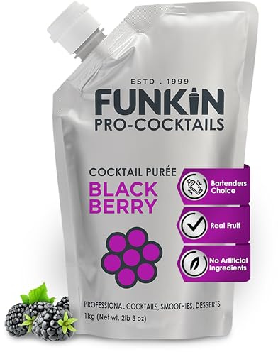 FUNKIN Blackberry Puree Cocktail Mixer, Made with Real Fruit, Fresh Fruit Puree for Professional Cocktails, Smoothies, & Desserts, 0% ABV, Resealable Pouch , 1kg, Pack of 1