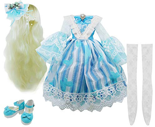 Set Rock Perücken Schuhe Socken Accessoires Vollständiger Satz für 1/3 BJD Dolls Ball Jointed Dolls 21-23inch 60cm (Blue)