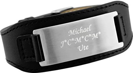 Hanessa Personalisiertes Armband mit Gravur für Männer und Frauen Edelstahl Leder schwarz silber Länge verstellbar 16-21 cm | Personalisierte Armbänder mit Namen Herren Damen