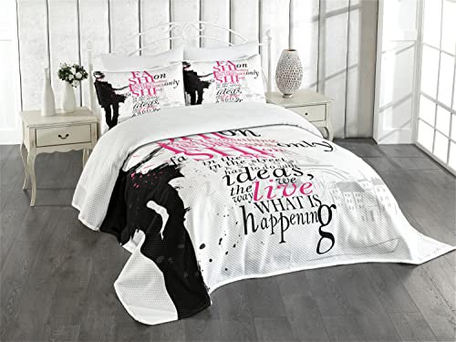 ABAKUHAUS Eiffelturm Tagesdecke Set, Paris Mädchen Wörter, Set mit Kissenbezügen Klare Farben, für Doppelbetten 220 x 220 cm, Schwarz Rosa