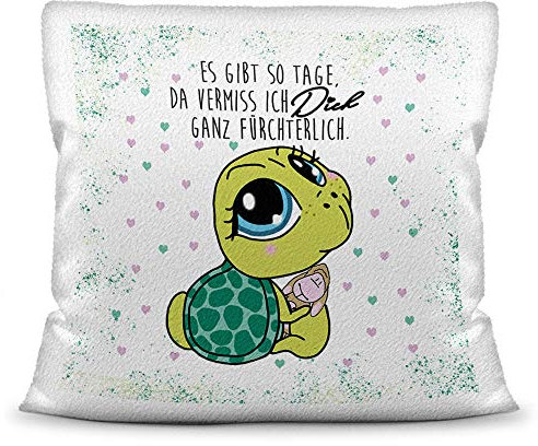 PR Print Royal Deko-Kissen Tiere mit liebem Spruch - Es gibt so Tage, da vermiss ich Dich - Schildkröte/Ich Liebe Dich/Geschenk für Freund, Freundin / 40x40 / Weiß - flauschig inkl. Füllung
