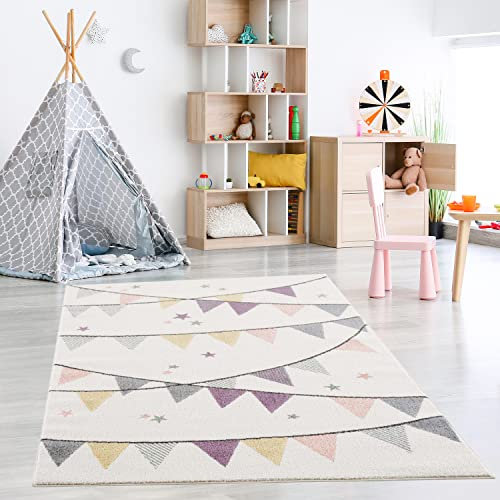payé Teppich Kinderzimmer - Pastelfarben - Creme - 140x200 cm - Wimpel Girlande - Sterne Kurzflor Kinderteppich Spielteppich - Oeko-Tex Standard 100