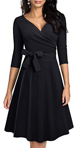 HOMEYEE Damen Retro 50s V-Ausschnitt mit Schärpe Swing Cocktail Party Kleid A240 (M, Schwarz)