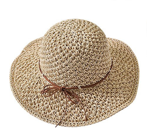 Womens Sun Straw Hat Ladies Foldable Straw Hat Summer Wide Brim Travel Beach Cap Packable UPF50 UV Protection Comfortable Breathable Sun Visor Cap with Bowknot Adjustable Strap for Outdoor Activities
