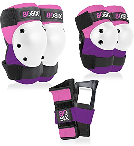 80Six Kids’ Multi-Sport Pad Set with Wristguards, Elbow Pads, and Knee Pads, Pink Purple, Junior - Ages 5+