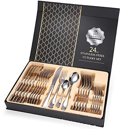 Cutlery Sets?24 Pieces Stainless Steel Flatware Set with Gift Box, Elegant Knife Fork Spoon Set for Home?Multipurpose Use for Home and Kitchen Service for 6