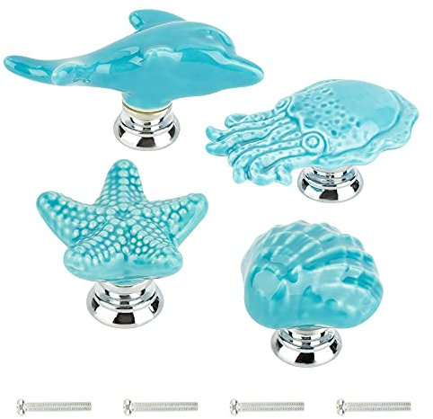 GORGECRAFT 4 ensembles Étoile de Mer Poulpe Coquille Dauphin Boutons D'Armoire en Céramique Animaux Marins Thème Océan Dessin Animé Style Fait à la Main Commode Bouton Tiroir (Bleu)