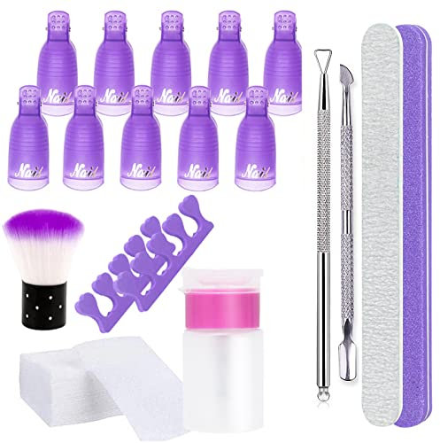 Olisang Kit dissolvant pour vernis à ongles, 10 pinces doigts+2 limes ongles+1grattoir+1 poussoir cuticules+100 dissolvants tampons +1 brosse ongles+1séparateurs doigts +1flacon de distribution