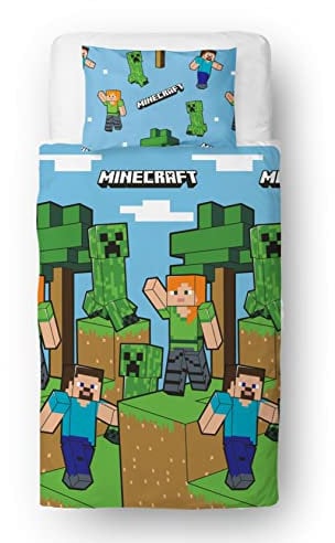 Minecraft Offizielles Bettwäsche-Set für Einzelbett, Episches Design, blau, wendbar, zweiseitig, Bettbezug, offizielles Merchandise-Produkt, inklusive passendem Kissenbezug