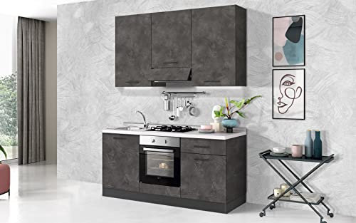 Dafne Italian Design Cocina completa con electrodomésticos (horno, fregadero, campana de cocina) estilo industrial - cm. 180 x 60 x 240 - masilla plomo - fregadero izquierdo