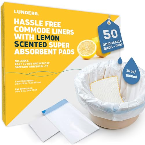 Lunderg Commode Liners & Absorbent Pads - Lemon Scent 50 Bags | Medical Grade Universal Fit Disposable Bedside Commode Liners & Pads for Adult Chairs, Portable Buckets & Camping Toilet Bags