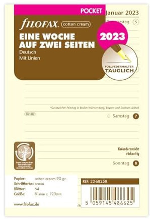 Filofax Pocket 1 Woche auf 2 Seiten cotton creme (deutsch)2023