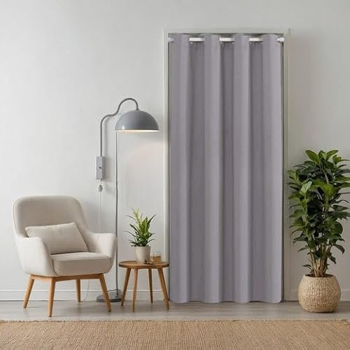 tinycurtains, Türvorhang mit Teleskopstange, einfache Montage in nur 1 Minute ohne Bohren (Türgardine hellgrau H195 x B150 cm + Stange weiß B70-120 cm)