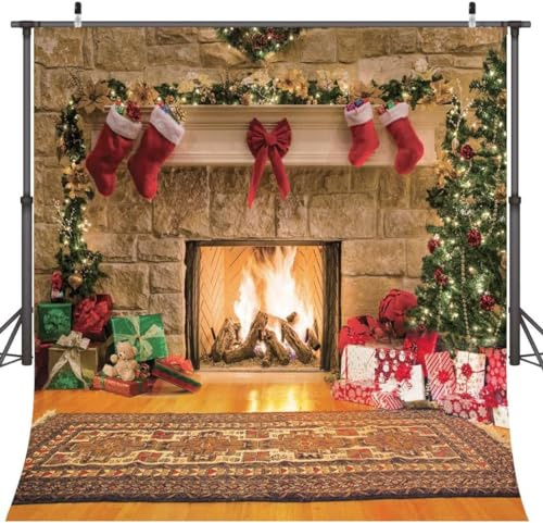 Telón de Fondo de Navidad para Chimenea, Alfombra Vintage, Árbol, Fotografía para Niños, Familia, Cabina de Fotos - 6 x 6 Pies