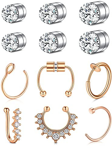 Mayhoop Fake Nasenpiercing Gefälscht Fake Septum Piercing Fake Nose Ring Faux Nasenring Fake Ohr Helix Cartilage Piercing 12Stk Rosegold