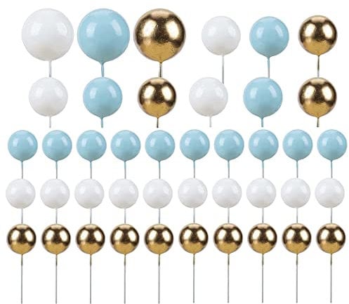42pcs Balloon Cake Topper, Ball Cake Decorations Acrylic Cake Topper Mini Balloon DIY Cake Insert Cupcake Topper for Birthday Party Wedding Baby Shower Cake Decorations (White,Blue,Gold)