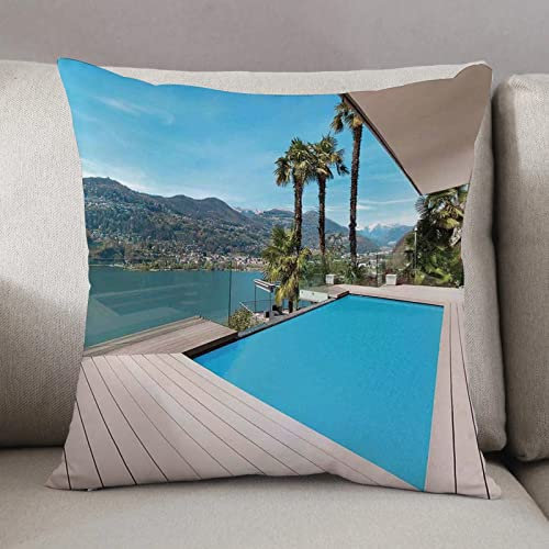 Funda Cojines del Sofá 50x50cm,Decoración de la casa, hermoso patio moderno con piscina Cubierta de madera al aire lib,Throw Cojín Decoración Almohada Caso de la Cubierta Decorativo para Sala de Estar