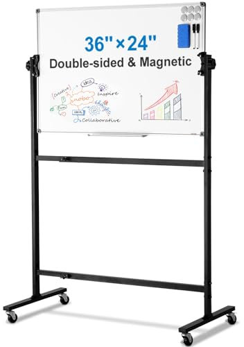 VEVOR Tableau blanc magnétique à roulettes, double face, 91,4 x 61 cm, réversible à hauteur réglable à 360°, tableau blanc effaçable à sec avec roues et plateau mobile pour bureau, école
